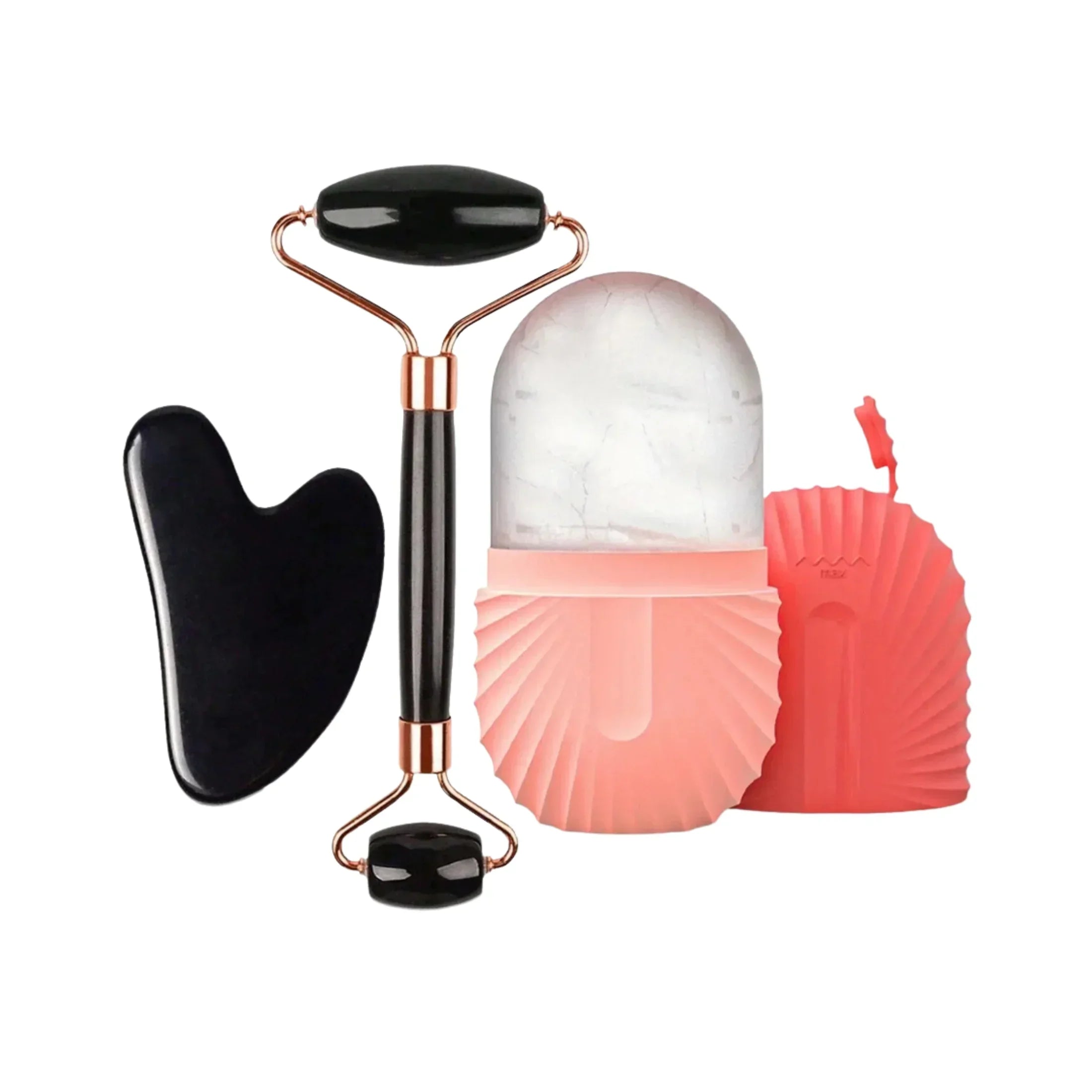 Facial massage set with black gua sha, jade roller, pink ice globe and textured massager