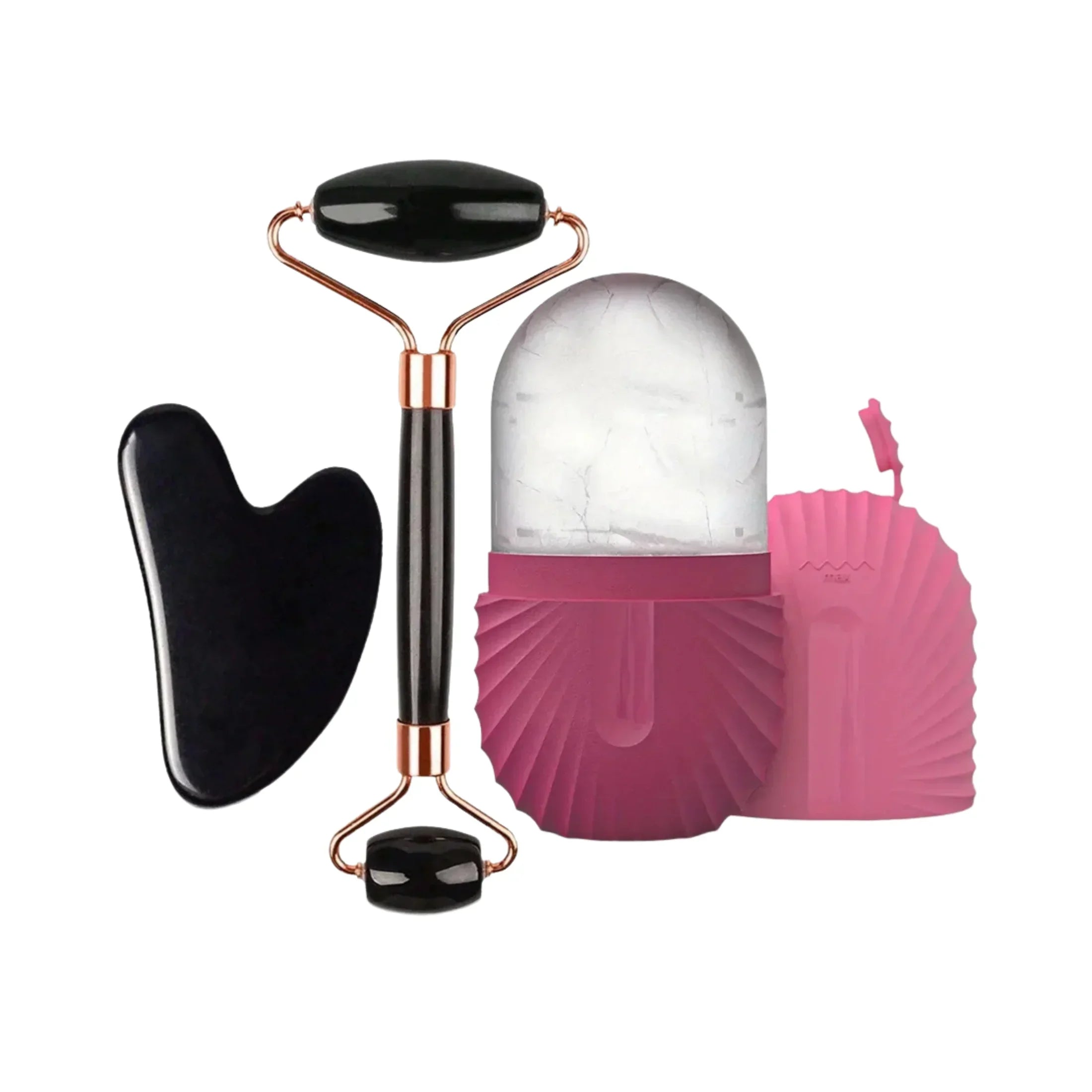 Black gua sha stone, jade roller, and pink ice facial roller massage tools on white background