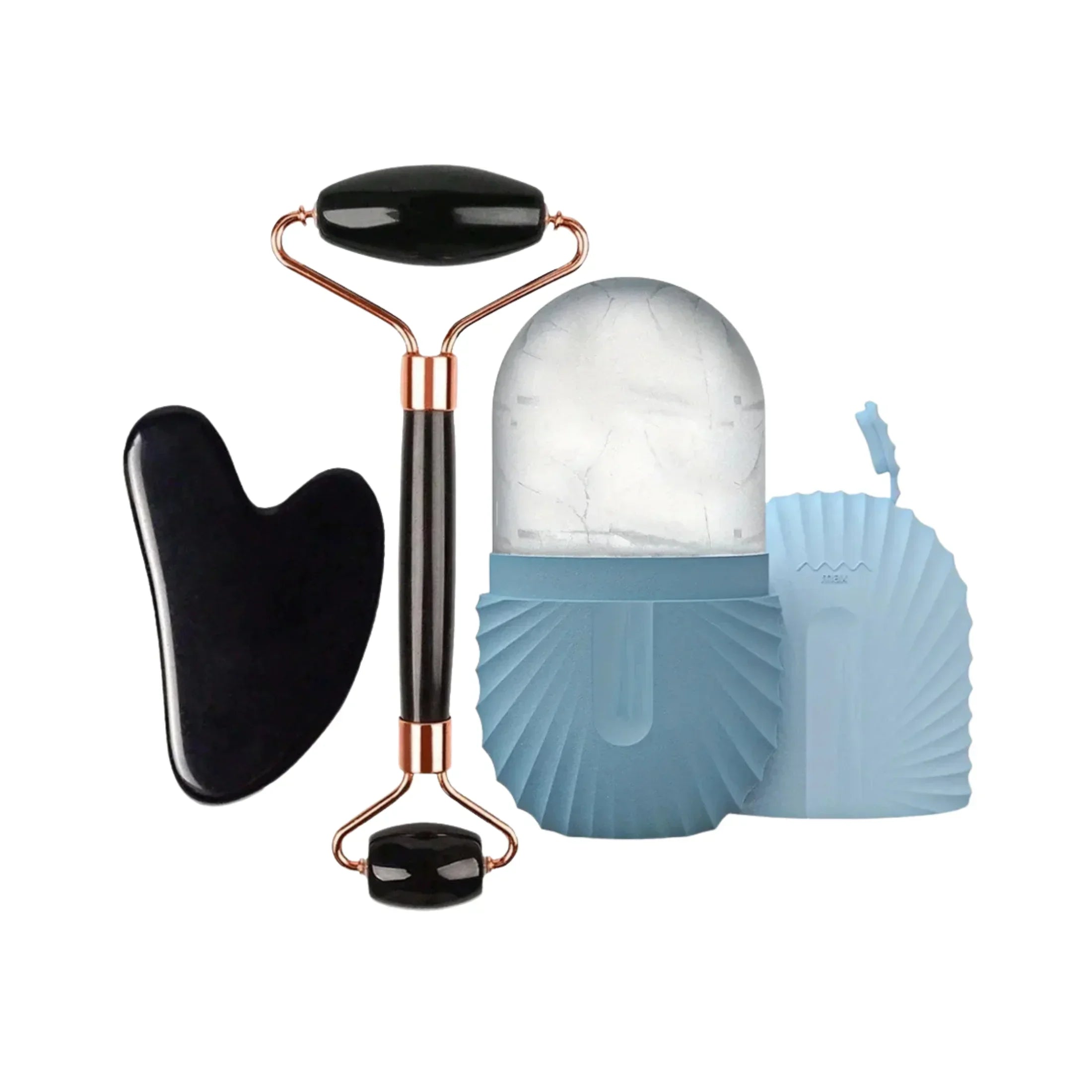 Facial massage roller, gua sha stone, ice roller and blue silicone case on white background