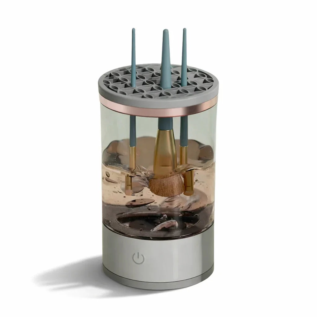 Electric makeup brush cleaner device with brushes spinning in water