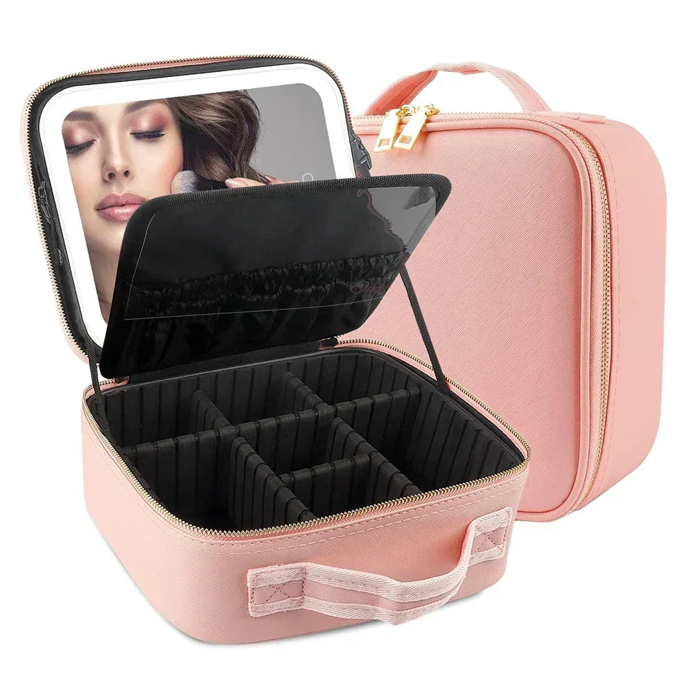 Pink makeup organizer case with adjustable dividers and an attached mirror lid