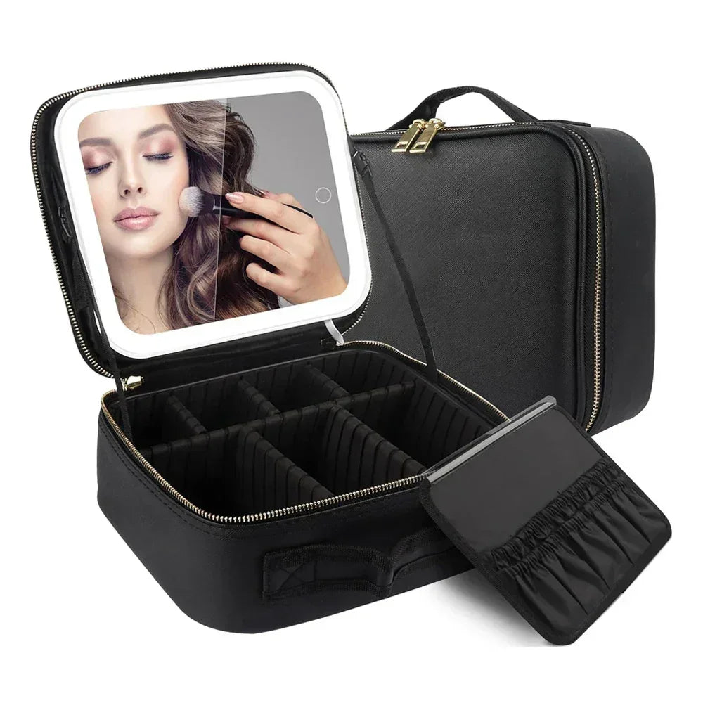 Black travel makeup case with adjustable dividers and built-in LED mirror