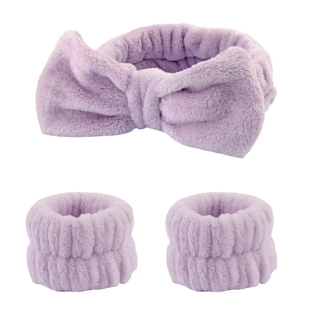 Plush lavender headband with bow and matching wristbands set for skincare routines