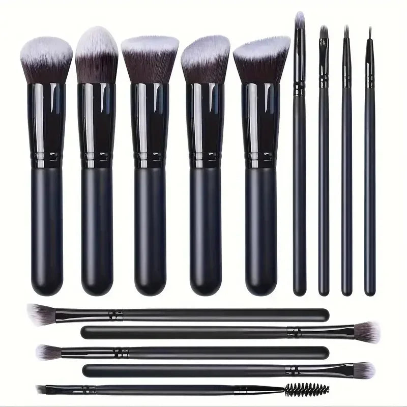 Black makeup brush set with soft bristles, assorted face and eye brushes on white background