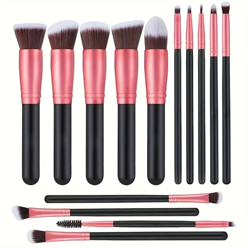 Set of 12 pink and black makeup brushes with soft synthetic bristles on white background