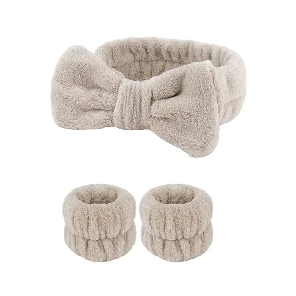 Soft beige plush headband with bow and matching wristbands, cozy accessory set