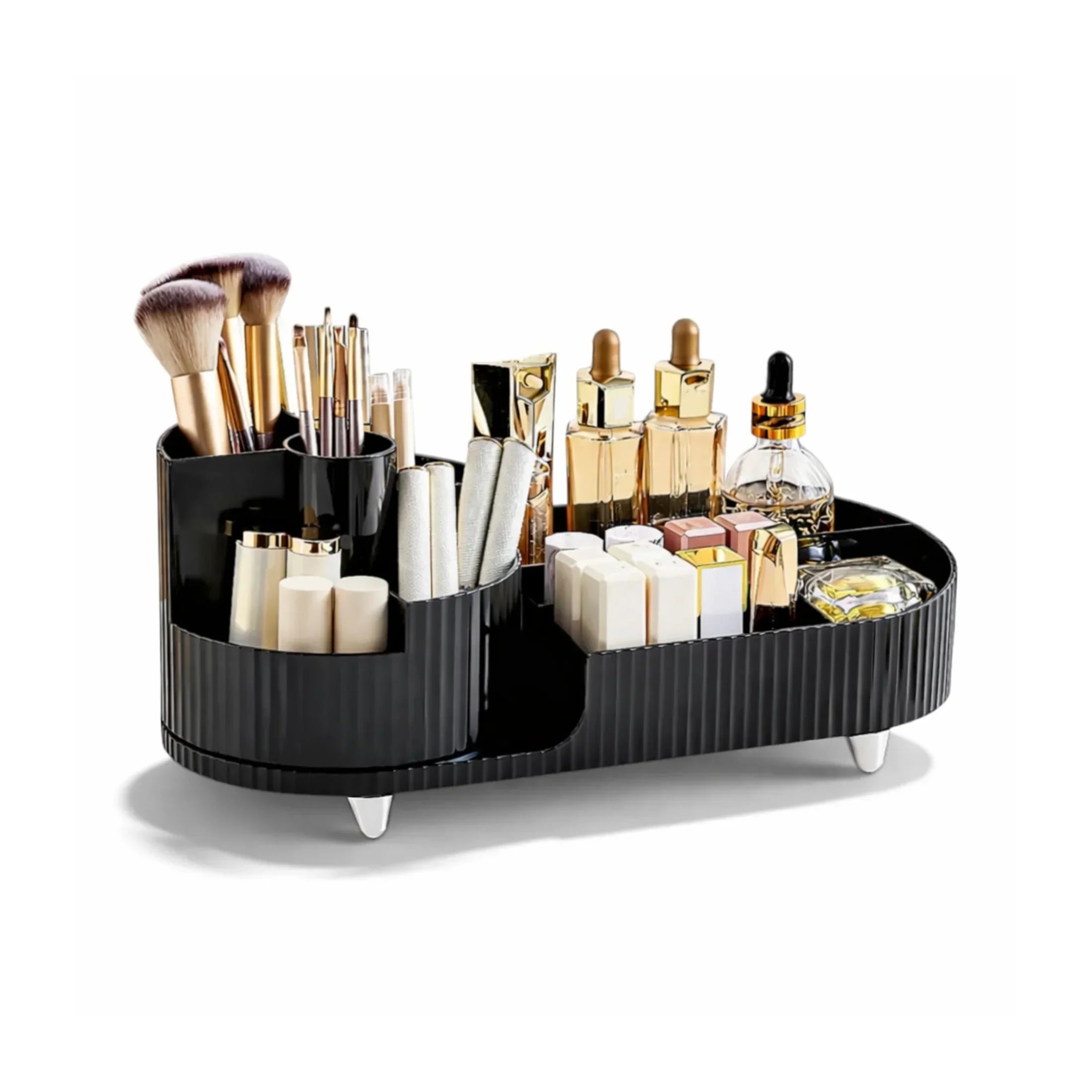 Black makeup organizer with brushes, skincare bottles, and cosmetics on white background