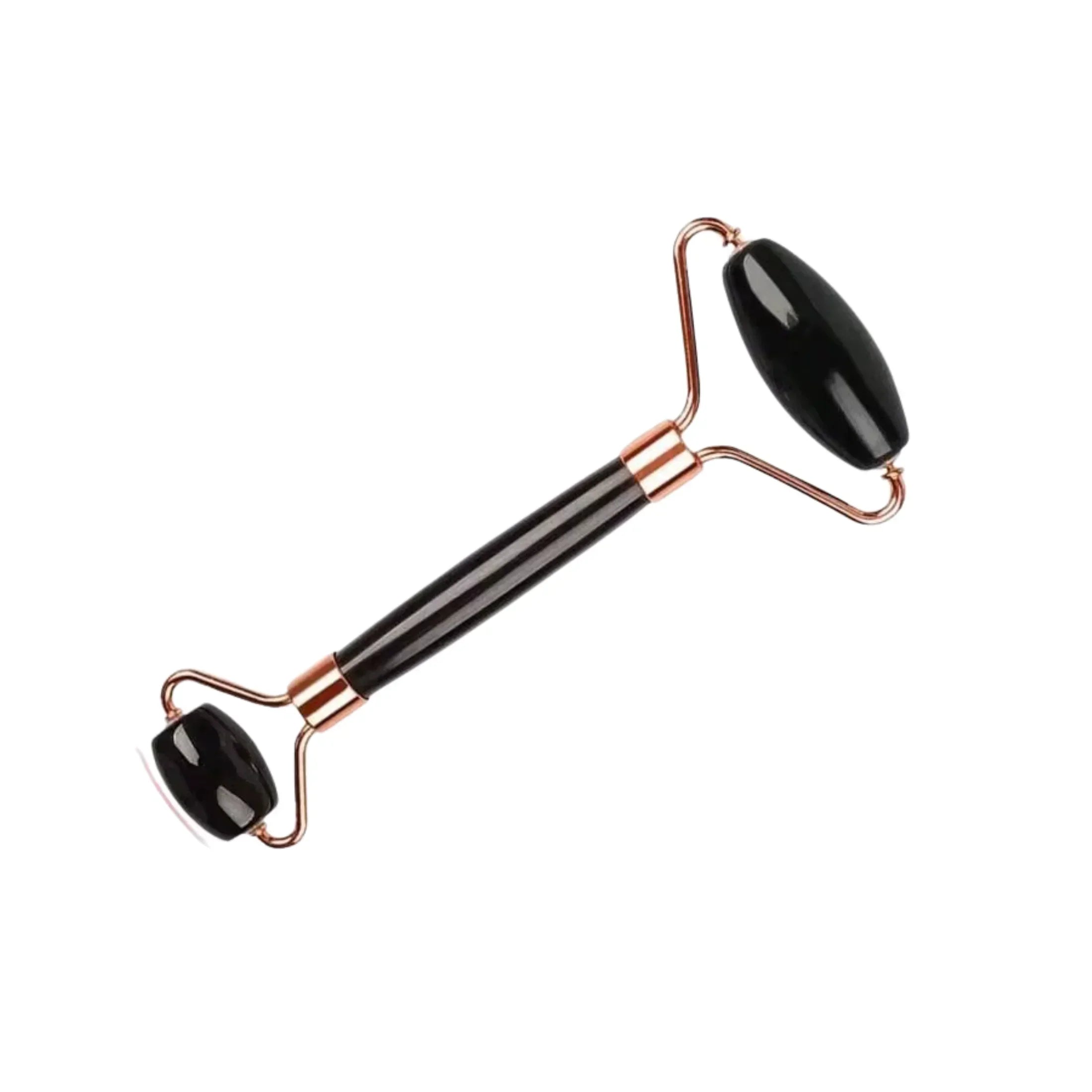 Black jade facial roller with rose gold accents on white background