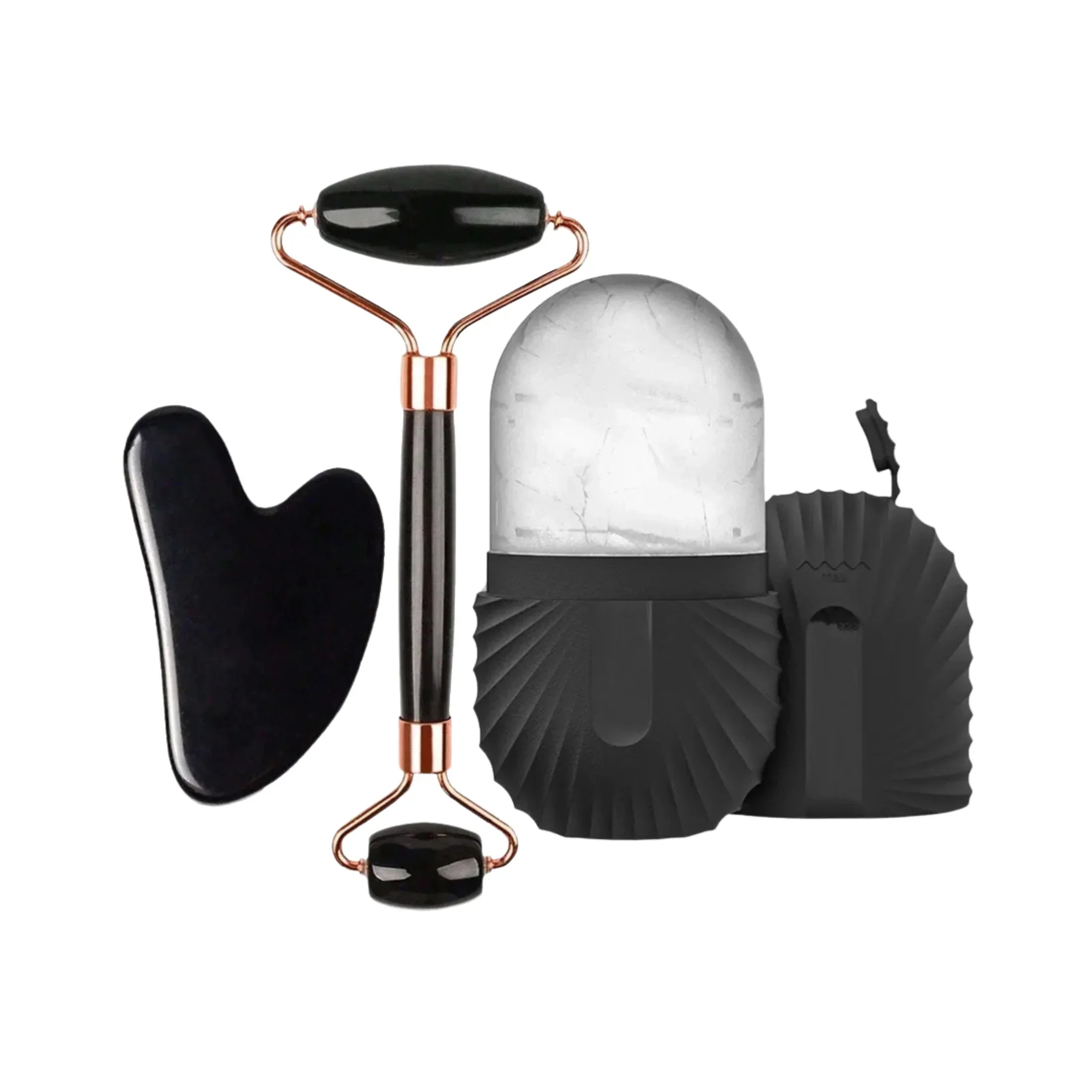 Black facial roller, gua sha stone, and ice facial globe massage tools set