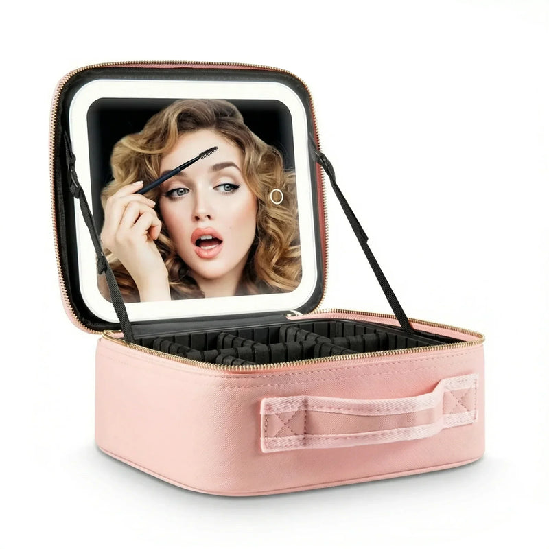 Pink travel makeup case with built-in LED mirror and adjustable compartments