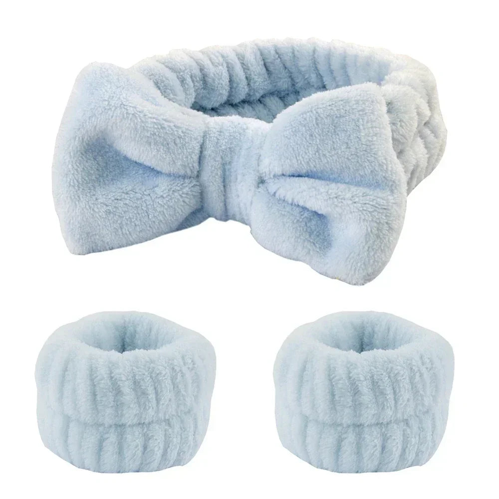 Light blue plush spa headband with bow and two matching wristbands set