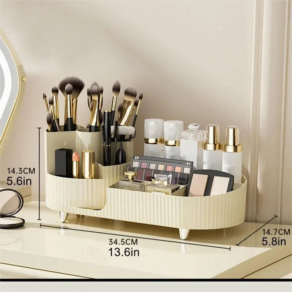 Cream makeup organizer with brushes, cosmetics, and bottles on vanity, measurements shown.