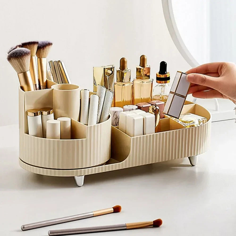 Beige makeup organizer holding brushes, lipsticks, bottles, and cosmetics on a vanity table.