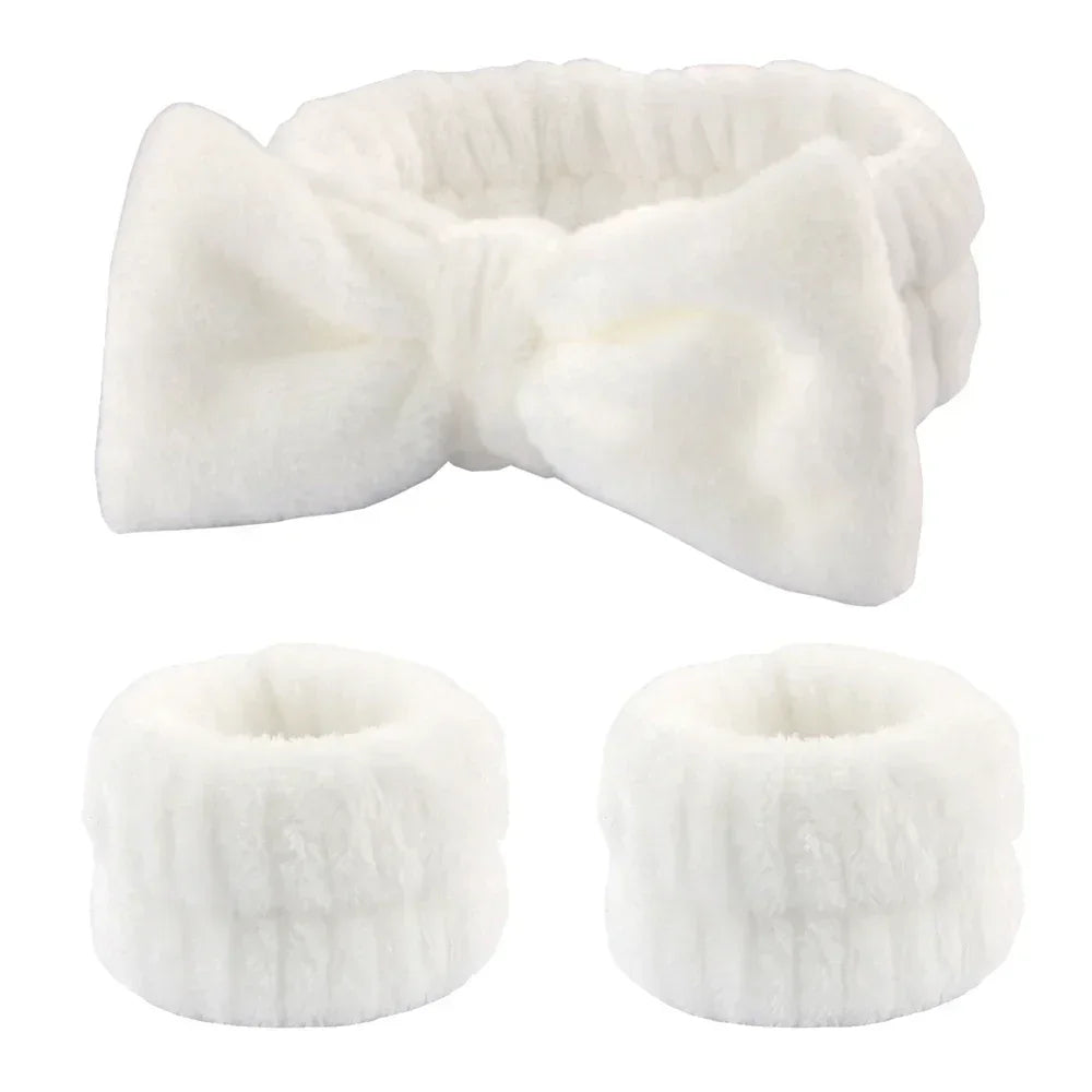 White plush spa headband with bow and matching wristbands set, soft and fluffy accessories