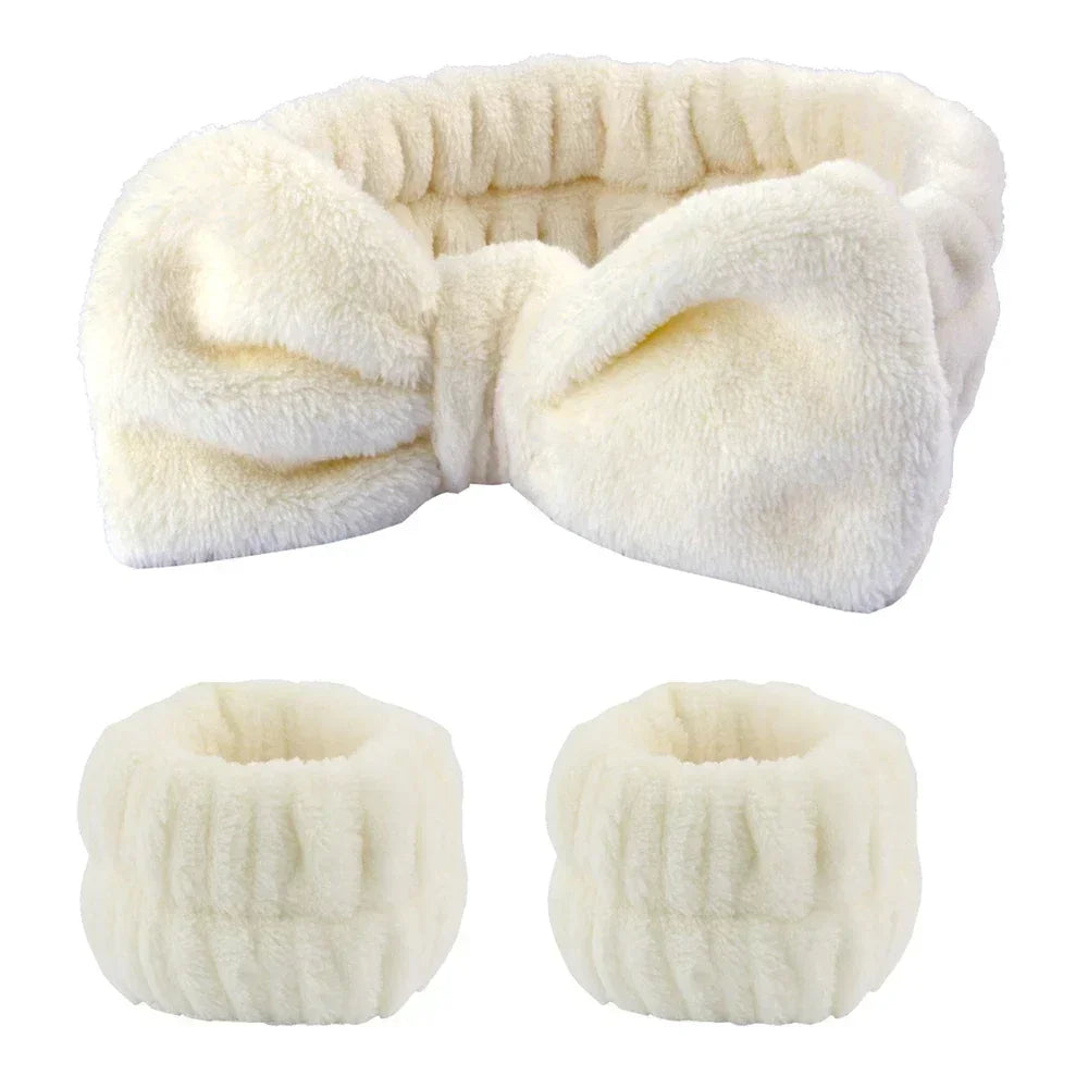 Plush cream headband with bow and matching wristbands, soft skincare accessory set