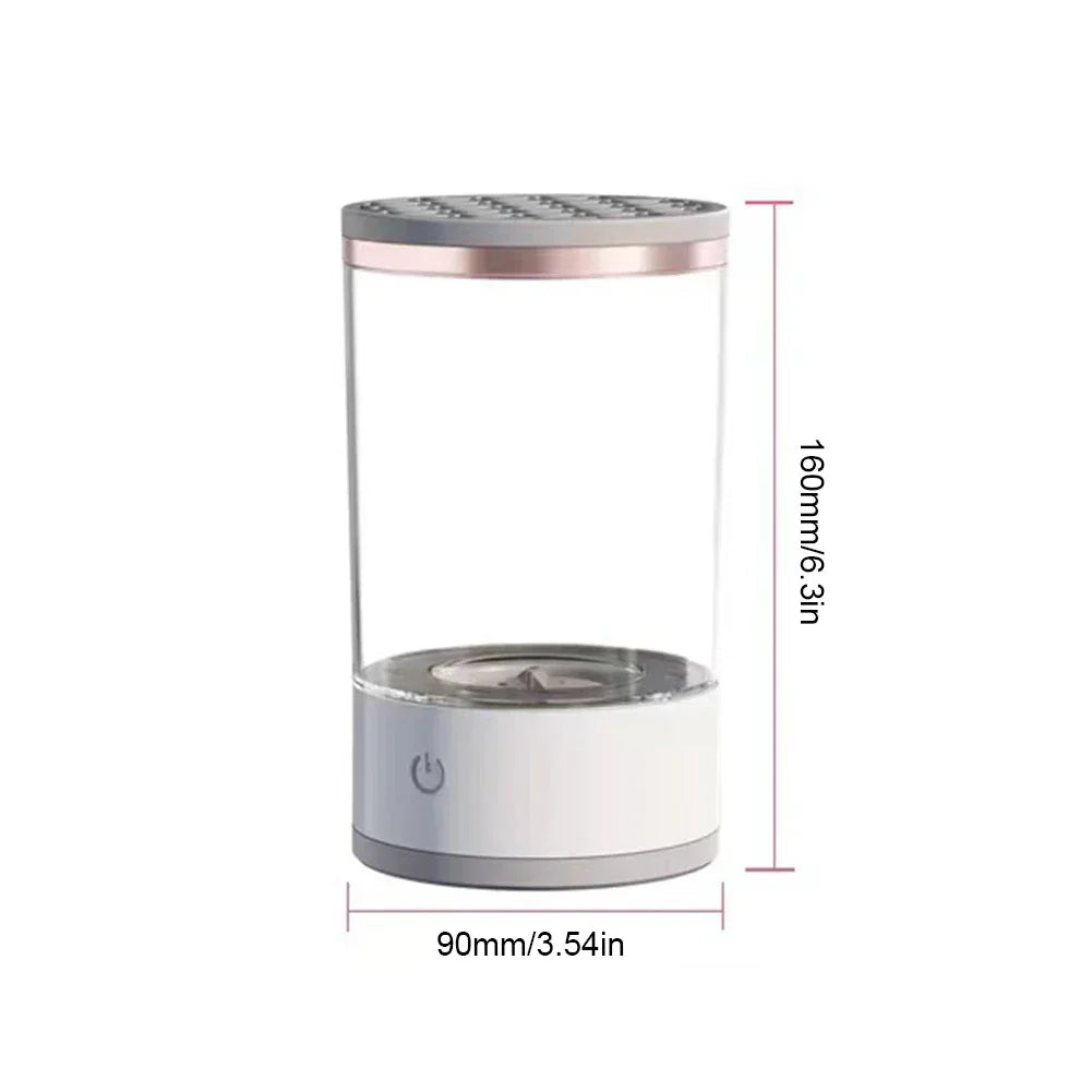 Sleek cylindrical desktop humidifier with silver top, power button, and size measurements shown