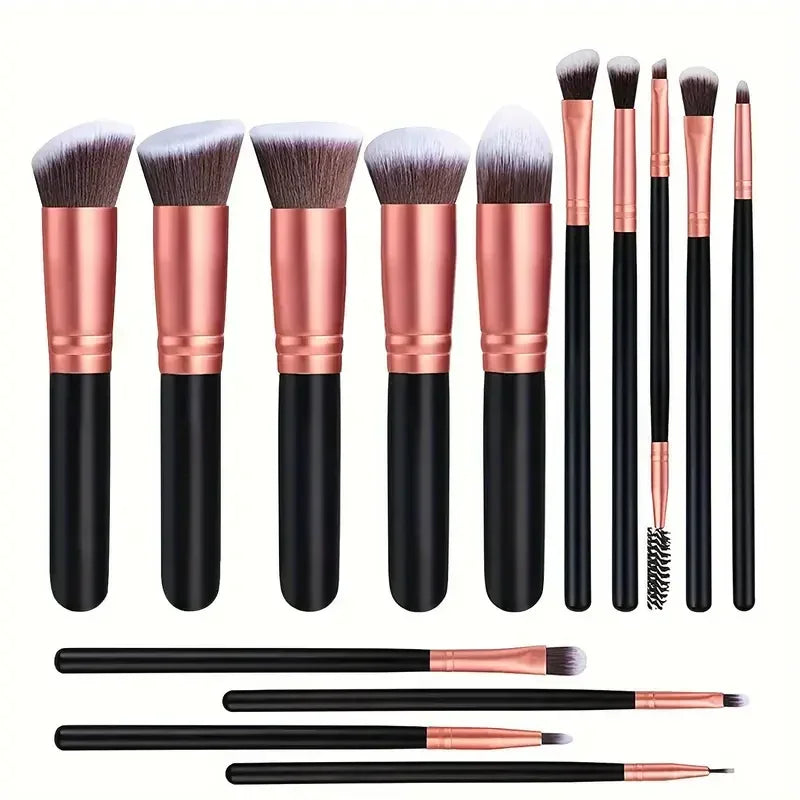 Makeup brush set with black handles and rose gold ferrules, assorted brush shapes