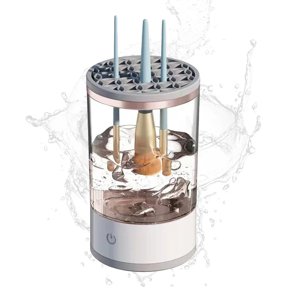 Electric makeup brush cleaner with brushes in water, splash background, white base