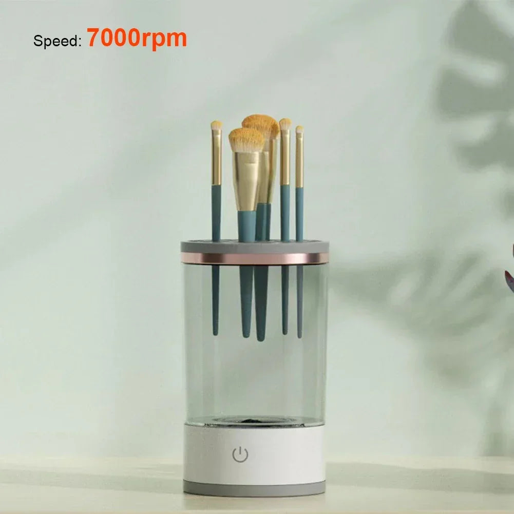 Electric makeup brush cleaner with five gold and teal brushes, 7000rpm speed on display